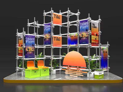 Floral Display Installation Featuring Metal Frame Structure Colorful Posters Orange Semicircular Decoration And Green Plants 3d model