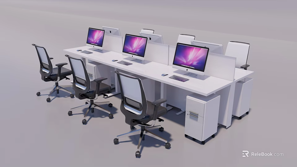 Modern White Office Desks With Dividers Computer Monitors And Office Chairs 3d model 