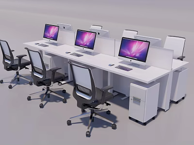 Modern White Office Desks With Dividers Computer Monitors And Office Chairs 3d model
