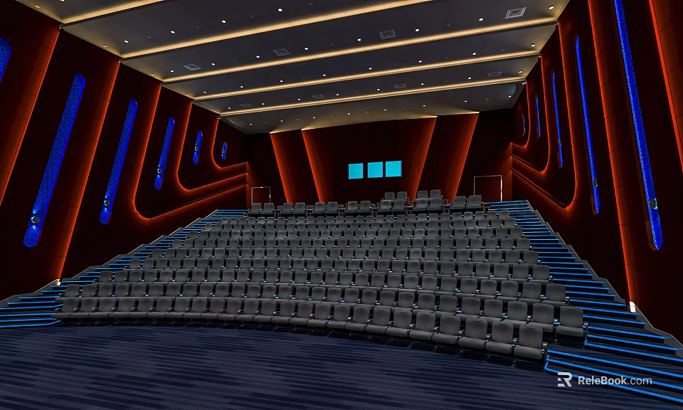 Modern Cinema Interior Featuring Rows of Comfortable Seats Curved Walls Blue Lighting and Spacious Auditorium 3d model 