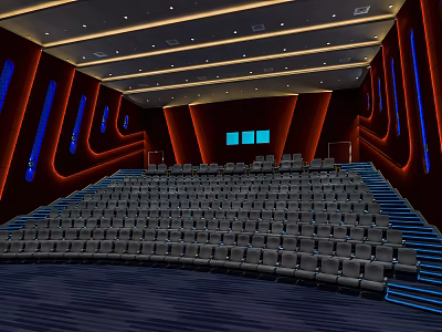 Modern Cinema Interior Featuring Rows of Comfortable Seats Curved Walls Blue Lighting and Spacious Auditorium 3d model