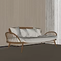 Cozy Two Seater Sofa With Wooden Frame Beige Cushions Light Brown Wall And Curtains