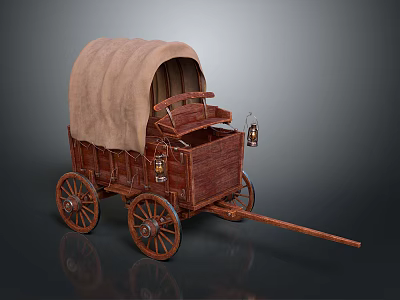 Vintage Covered Wagon With Canvas Canopy Wooden Wheels And Metal Lanterns 3d model