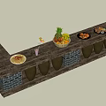 Rustic Wooden Bar Counter With Fruit Basket Nuts Drinks And Brick Base