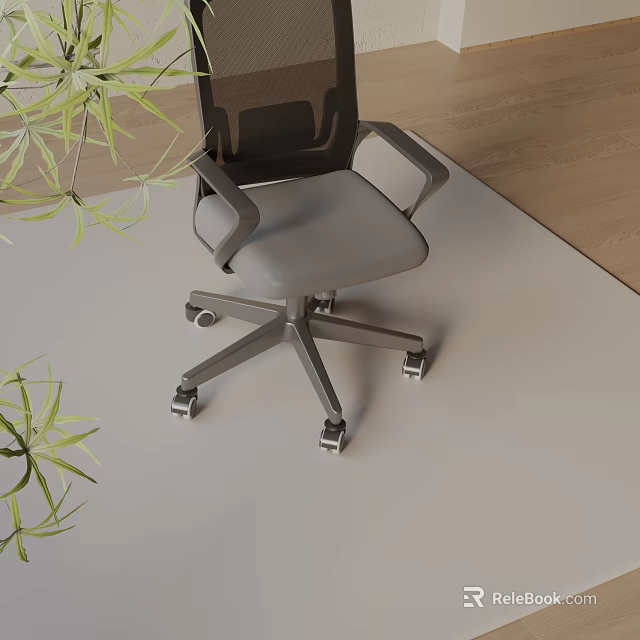 Modern Office Chair With Mesh Back Armrests And Metal Base Near Green Plants 3d model 