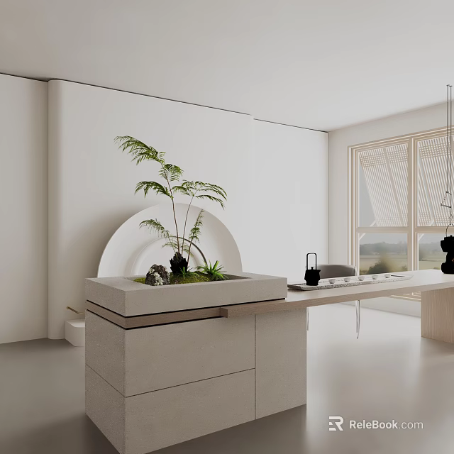 Modern Dining Table Set In Minimalist White Interior With Indoor Plant And Large Window 3d model 