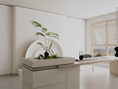 Modern Dining Table Set In Minimalist White Interior With Indoor Plant And Large Window 3d model