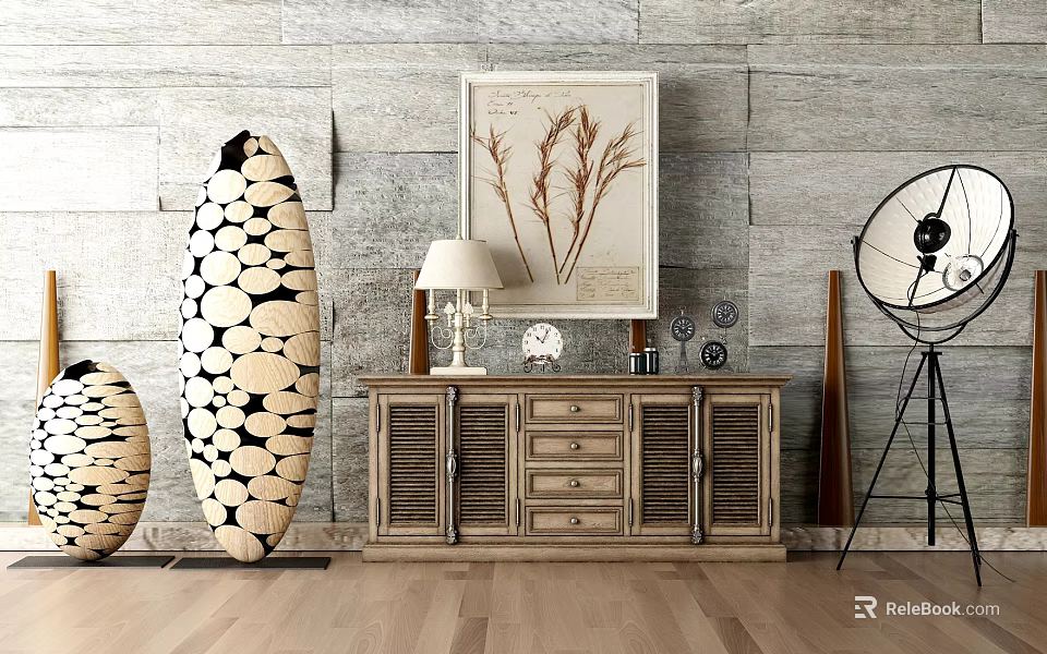Entryway Cabinet And Sideboard With Gray Stone Wall Decorative Painting Table Lamp On Wooden Floor 3d model 