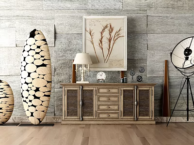 Entryway Cabinet And Sideboard With Gray Stone Wall Decorative Painting Table Lamp On Wooden Floor 3d model