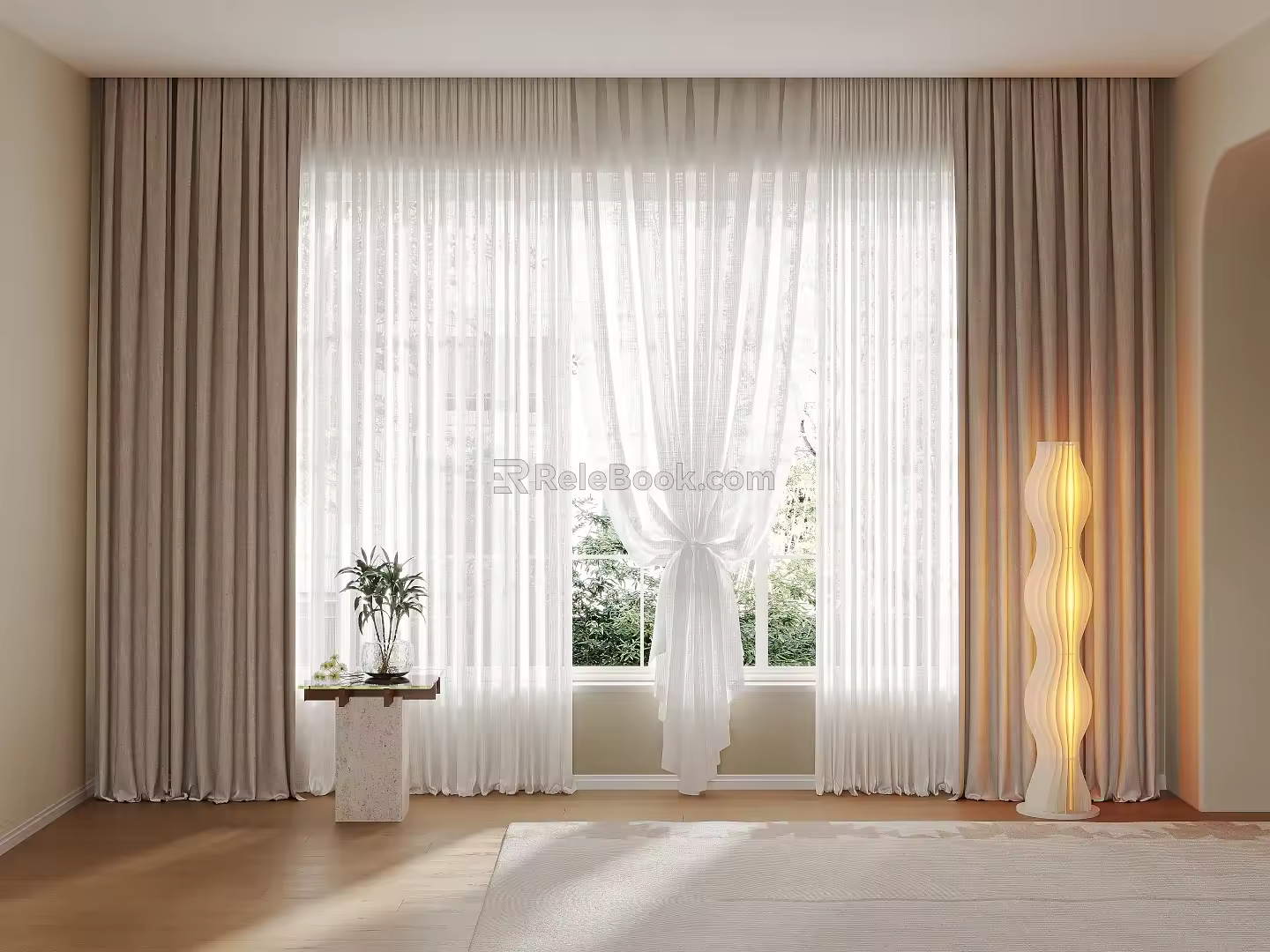 Curtain Window Screen Combination Fabric Curtain linen Window Screen Coffee Table Side Table Floor Lamp Carpet Jewelry Ornaments 3d model