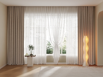 Curtain Window Screen Combination Fabric Curtain linen Window Screen Coffee Table Side Table Floor Lamp Carpet Jewelry Ornaments 3d model