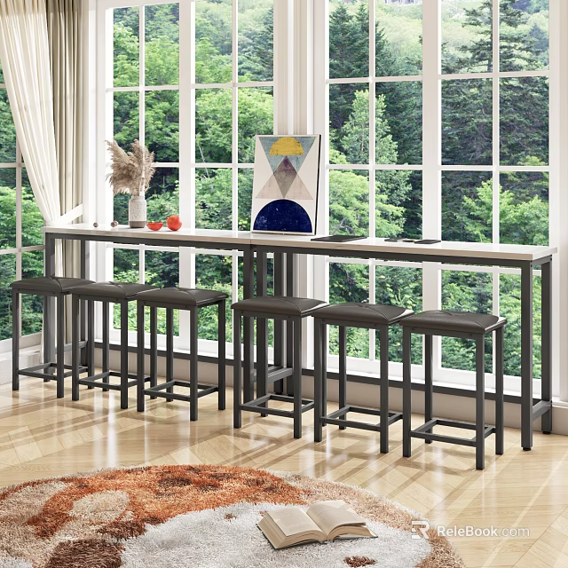 Modern Bar Counter With Black Bar Stools Large Windows And Green View Decorations 3d model