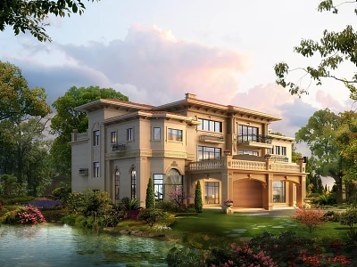 Elegant Two Story Detached Villa with Balcony Garage and Garden Surrounded by Trees and Pond 3d model