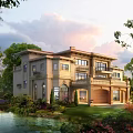 Elegant Two Story Detached Villa with Balcony Garage and Garden Surrounded by Trees and Pond