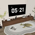 Wooden TV Stand with TV Time Display Decorations Green Plants Whale Plush and Round Rug
