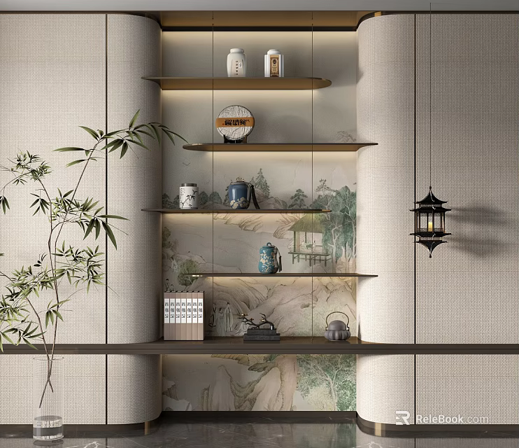 Chinese Style Display Shelves With Layered Design Bamboo Plant Ceramic Ornaments And Wall Lantern 3d model 