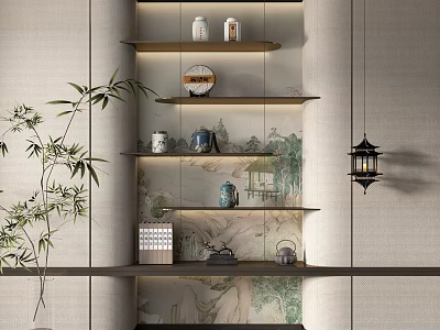 Chinese Style Display Shelves With Layered Design Bamboo Plant Ceramic Ornaments And Wall Lantern 3d model