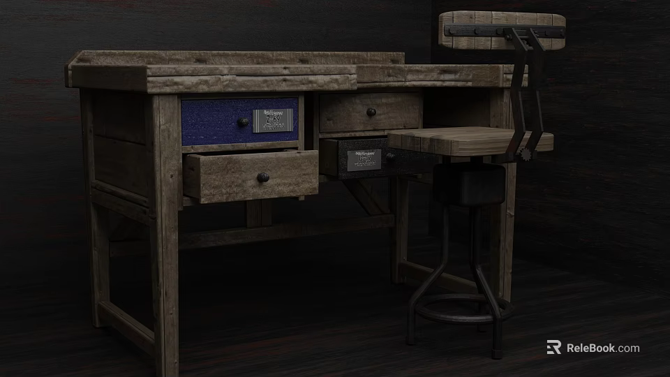 Rustic Wooden Office Desk With Drawers And Matching Chair For Home Workspace Setup 3d model 