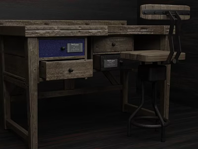 Rustic Wooden Office Desk With Drawers And Matching Chair For Home Workspace Setup 3d model