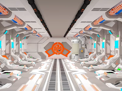 Cartoon Spaceship Interior With Control Panels Seats And Futuristic Glowing Designs 3d model