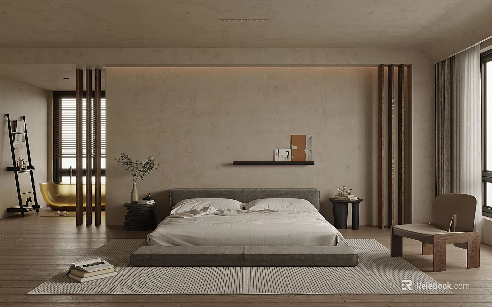 Modern Minimalist Bedroom Interior Design With Beige Walls Wooden Accents Gray Headboard And Striped Rug 3d model 