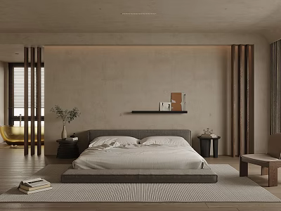 Modern Minimalist Bedroom Interior Design With Beige Walls Wooden Accents Gray Headboard And Striped Rug 3d model