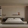 Modern Minimalist Bedroom Interior Design With Beige Walls Wooden Accents Gray Headboard And Striped Rug