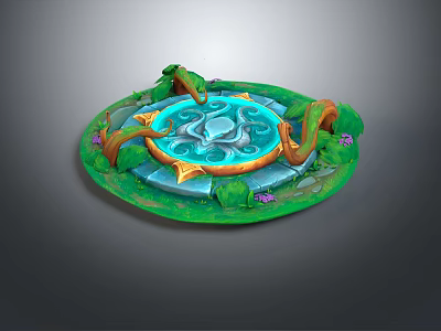 Cartoon Scene Of Round Platform With Blue Magical Pool Green Grass And Orange Vines 3d model