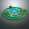 Cartoon Scene Of Round Platform With Blue Magical Pool Green Grass And Orange Vines