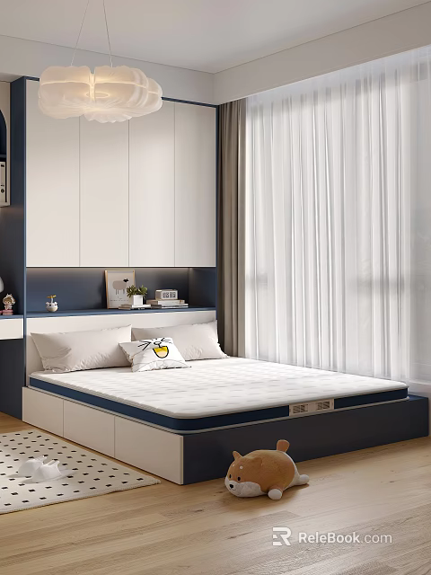 Modern Tatami Bedroom Interior Design With Platform Bed Storage Cabinets Soft Pillows And Light Curtains 3d model 