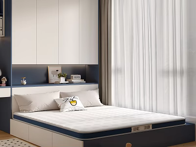 Modern Tatami Bedroom Interior Design With Platform Bed Storage Cabinets Soft Pillows And Light Curtains 3d model
