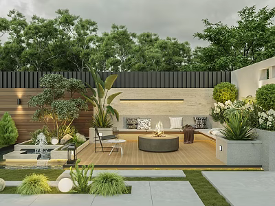Courtyard Garden Design Featuring Wooden Deck Circular Seating Lush Plants Stone Wall And Water Feature 3d model