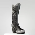 Black Leather Cowboy Boots With High Shaft Stars Spiral Design And Pearl Studs