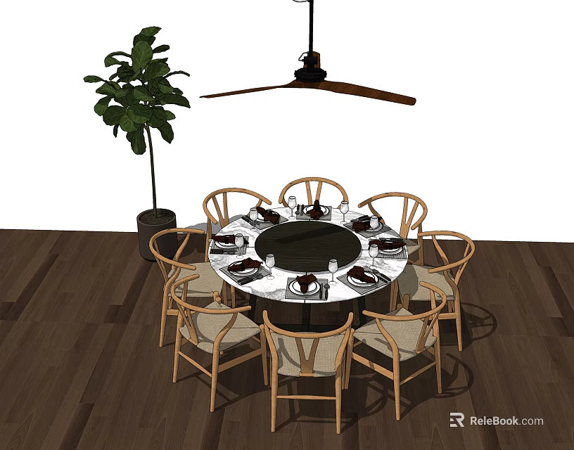 Round Dining Table Set With Eight Chairs Tableware Green Plant And Ceiling Fan 3d model