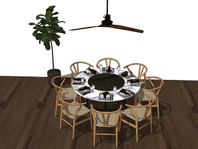 Round Dining Table Set With Eight Chairs Tableware Green Plant And Ceiling Fan 3d model