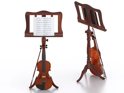 Classical String Instruments Violin And Cello On Wooden Music Stands With Sheet Music 3d model