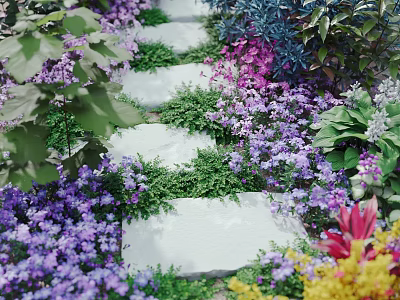Beautiful Garden Path Surrounded By Colorful Flowers And Lush Green Leaves 3d model