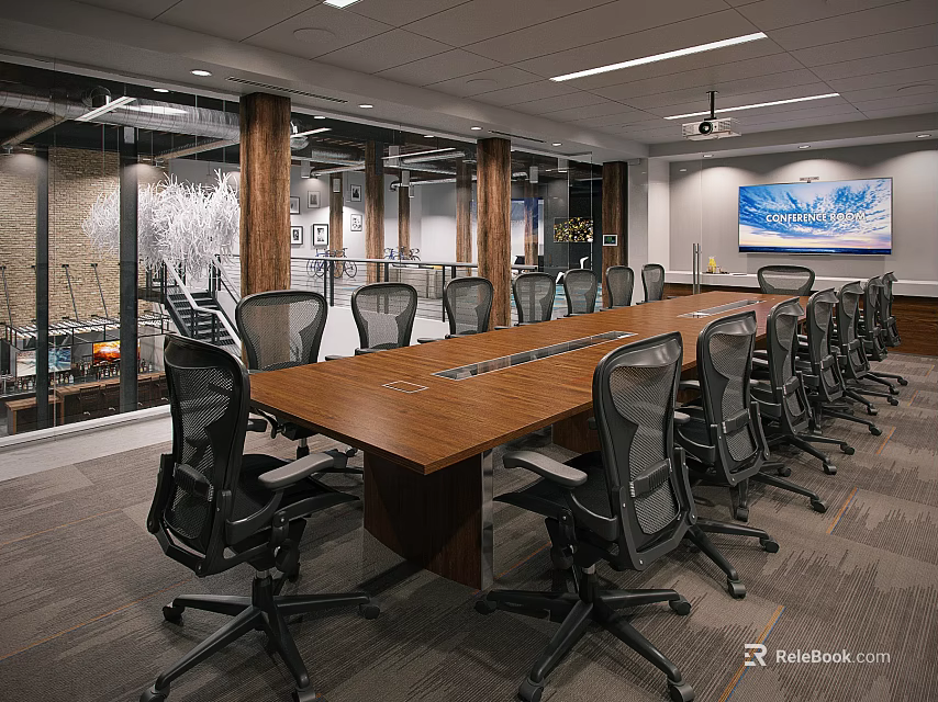 Modern Conference Room Interior With Long Wooden Table Black Mesh Chairs And Projector 3d model 
