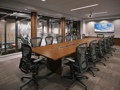 Modern Conference Room Interior With Long Wooden Table Black Mesh Chairs And Projector 3d model