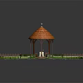 Decorative Garden With Orange Roof Gazebo Green Lawn Pink Flowers Stone Path And Wooden Fence