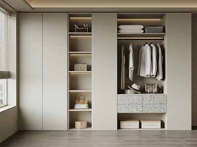 Modern Built in Wardrobe with Open Shelves Hanging Rods and Storage Drawers 3d model
