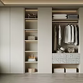 Modern Built in Wardrobe with Open Shelves Hanging Rods and Storage Drawers