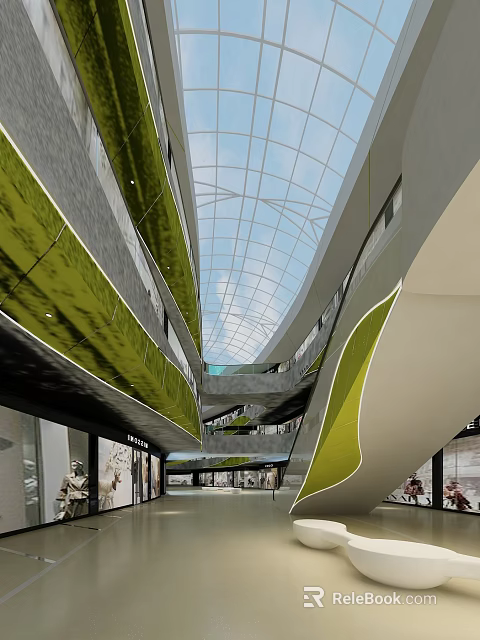 Modern Shopping Mall Atrium with Glass Skylight Green Decorations and Multi Level Design 3d model 