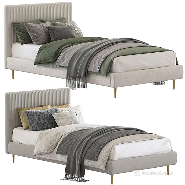 Single Bed with Light Gray Striped Upholstered Headboard Multiple Pillows and Gray Blanket Gold Legs 3d model 