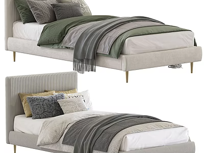 Single Bed with Light Gray Striped Upholstered Headboard Multiple Pillows and Gray Blanket Gold Legs 3d model