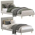 Single Bed with Light Gray Striped Upholstered Headboard Multiple Pillows and Gray Blanket Gold Legs