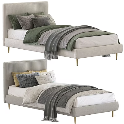 Single Bed with Light Gray Striped Upholstered Headboard Multiple Pillows and Gray Blanket Gold Legs 3d model