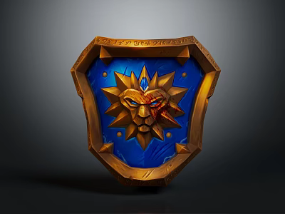 Ornate Lion Head Shield With Blue Background And Gold Accents 3d model