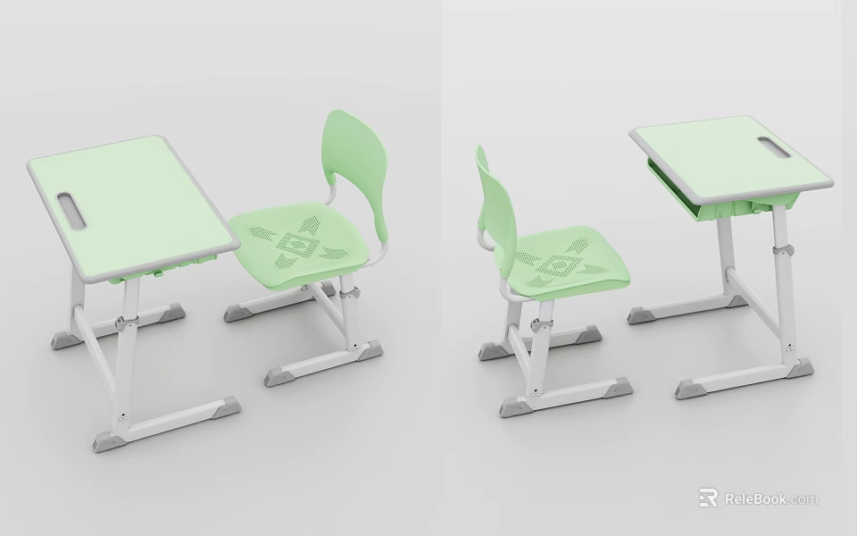 Light Green Student Desk and Chair Set with Ergonomic Design and Comfortable Seating 3d model 