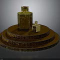 Golden Perfume Bottle Placed On Multiple Layered Circular Tray With Patterned Decoration 3d model
